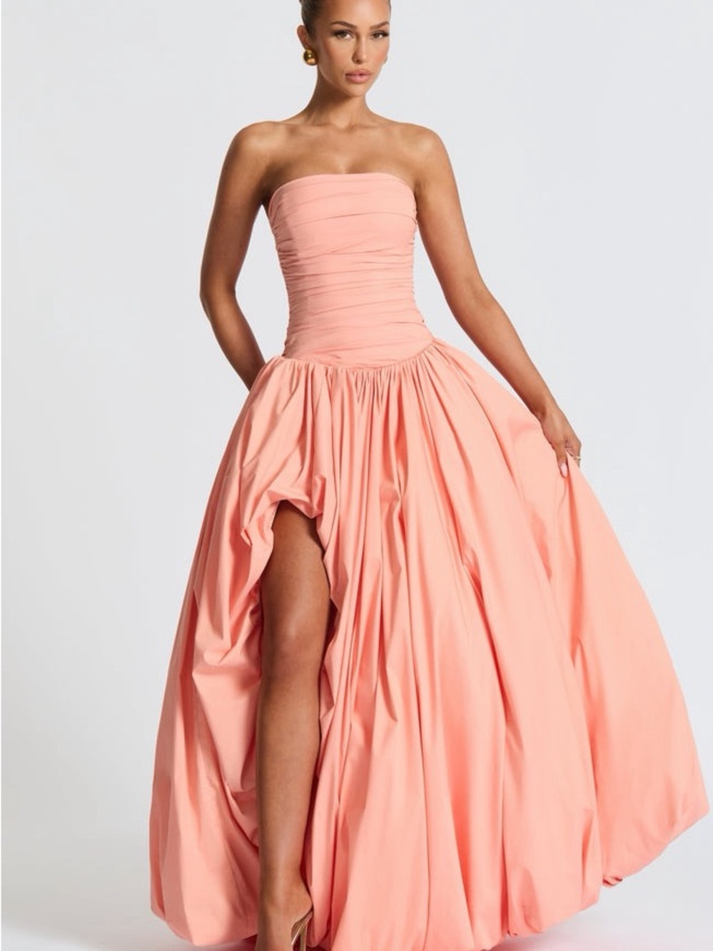 Strapless Peach Maxi Gown with Ruched Bodice and High Slit